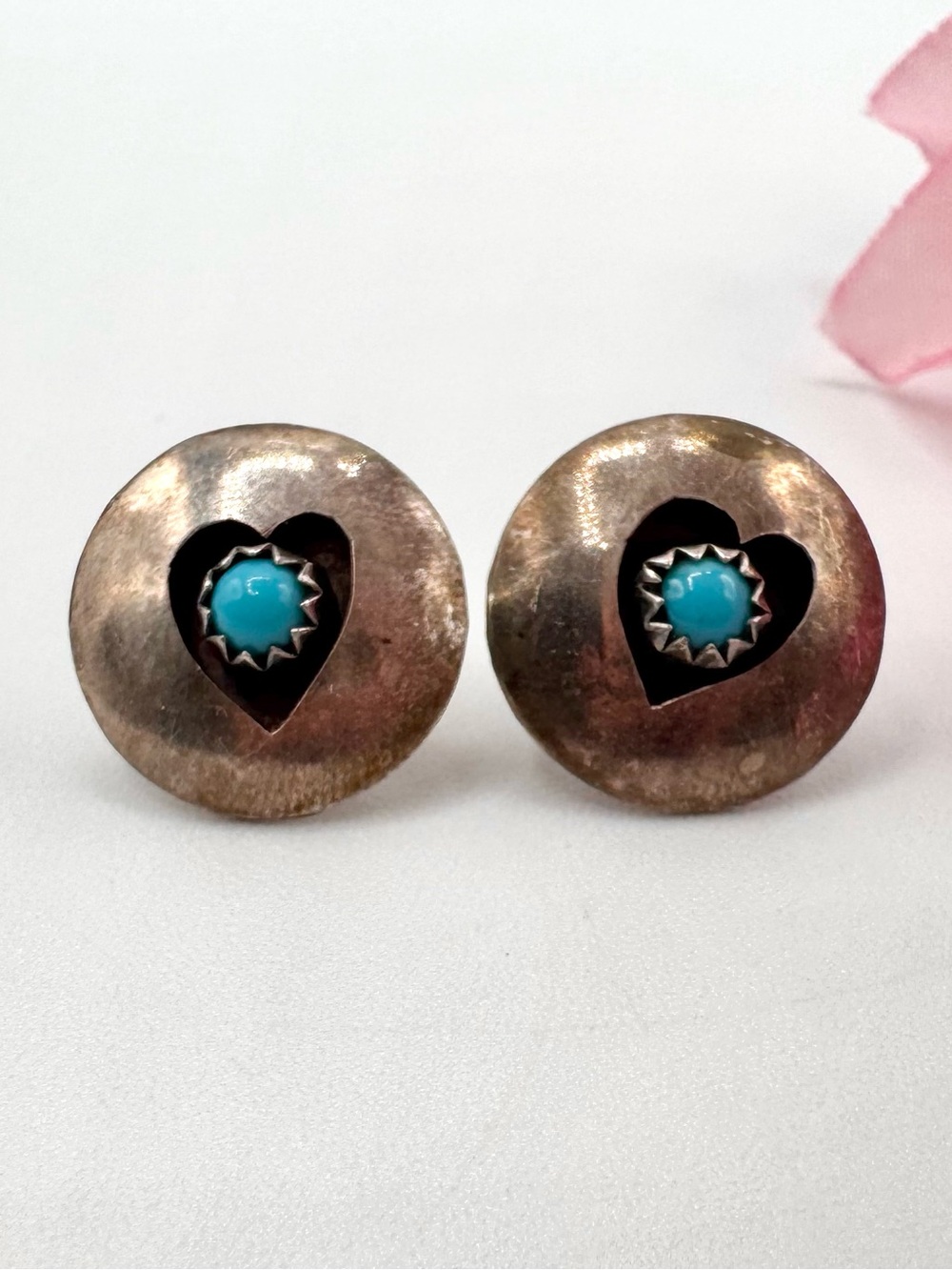 Southwestern Vintage Turquoise & Heart Silver Shadowbox Earrings Native Tribal